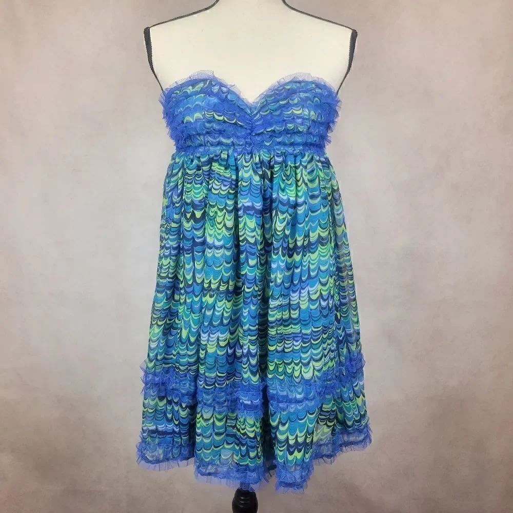 Steve Madden Strapless Mini Dress Blue Green Ruffled Mermaid Size Small